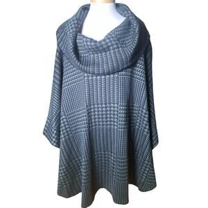 Fever Hunter Green & Black Houndstooth Cowl Neck Poncho Cape Sweater Size L/XL